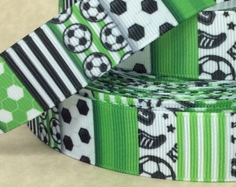 Soccer Multi Print - 7/8" - Printed Grosgrain Ribbon - Sports Crafts - Hair Bows - Gift Wrapping - Sewing - Scrapbooking