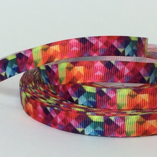 Jewel Tones - 3/8" - Printed Grosgrain Ribbon - Geometric designs - Rainbow colors - Hairbows - Leashes, Collars - Sewing