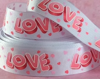 LOVE - 7/8" - Printed Grosgrain Ribbon - Valentine Decor - Gifts - Bows - Lanyards - Sewing - Scrapbooking