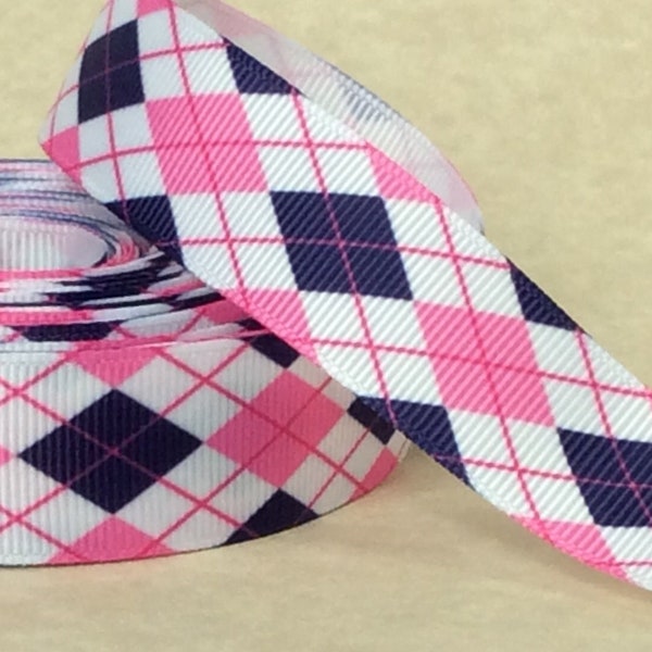 Pink & Navy Argyle - 7/8" - Printed Grosgrain Ribbon - Graphic Designs - Scottish Designs - Arts and Crafts -  Sewing