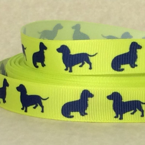 Dachshunds on Bright Yellow  - 3/4" -  Printed Grosgrain Ribbon - Dog crafts - Collars - Leashes - Hairbows - Sewing - Scrapbooking