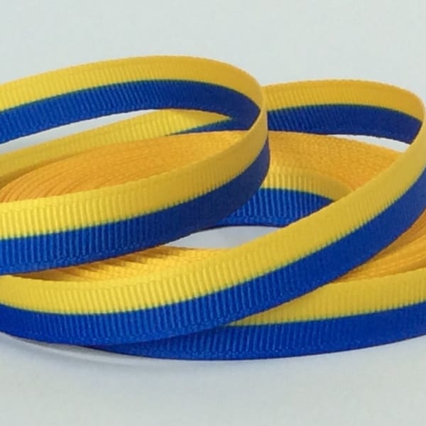 Blue & Yellow Stripe II - 3/8" - Printed Grosgrain Ribbon - Down Syndrome Awareness - Hair Bows - Crafts - Sewing - Ukrainian Flag - Sports