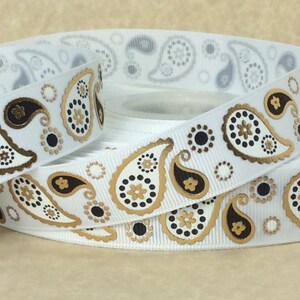 Gold Foil Paisley on White - 7/8" - Printed Grosgrain Ribbon