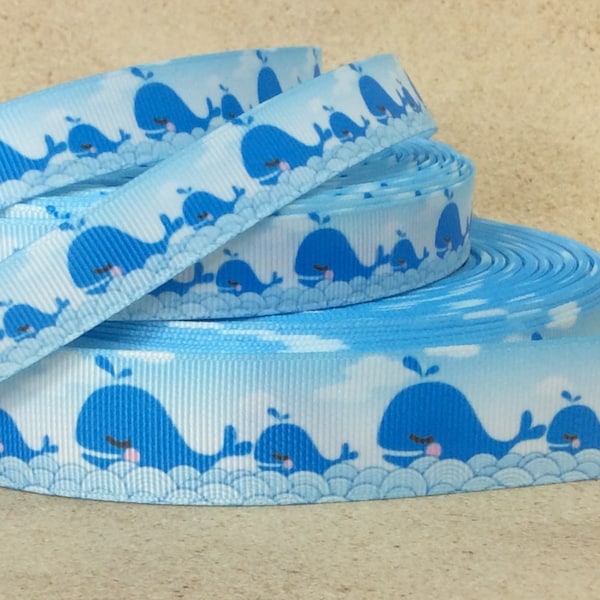 Big Whale & Little One  - 5/8" and 1" - Printed Grosgrain Ribbon - Marine Mammals - Ocean life - Sealife - Nautical - Beach Decor - Summer