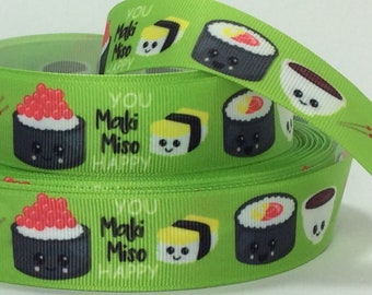 You Maki Miso Happy - 1&quot; - Printed Grosgrain Ribbon - Japanese Food - Sushi Crafts - Anime - Dining Decor - Bows - Floral - Giftwrap