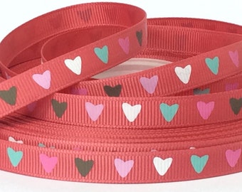 Little Hearts on Brick Red - 3/8" - Printed Grosgrain Ribbon