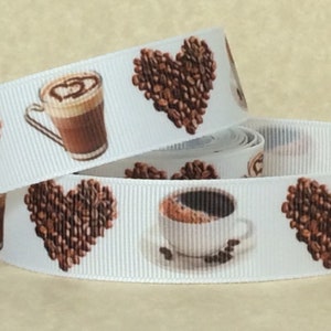 Coffee Bean Love - 7/8" - Printed Grosgrain Ribbon - Beverages - Food Crafts - Dining Decor - Sewing