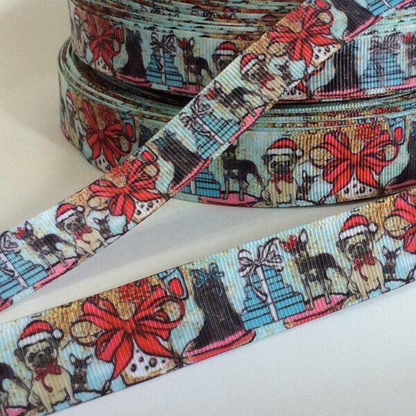 Christmas Pups - 5/8" and 7/8" - Printed Grosgrain Ribbon - Holiday crafts - Bows - Dog collars - Leashes - Giftwrap - Sewing - Scrapbooking