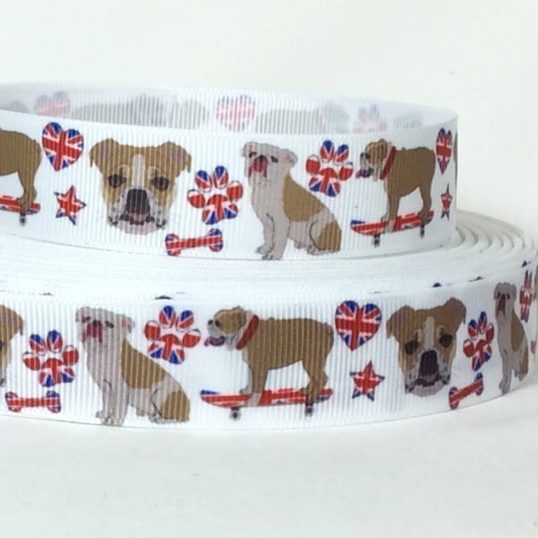English Bulldogs - 7/8" - Printed Grosgrain Ribbon - Dog Collars - Crafts - Lanyards - Leashes - Sewing