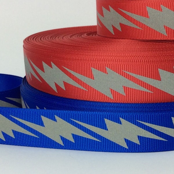 Reflective Lightning Bolt on RED or BLUE - 7/8" - Printed Grosgrain Ribbon - Dog Collars/Leashes - Nighttime Visibility - Costumes - Sewing