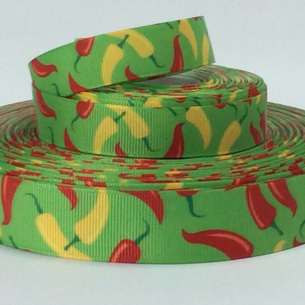 Chili Peppers on Green - 5/8" and 7/8" - Printed Grosgrain Ribbon - Gardening - Food Crafts - Dining Decor - Sewing