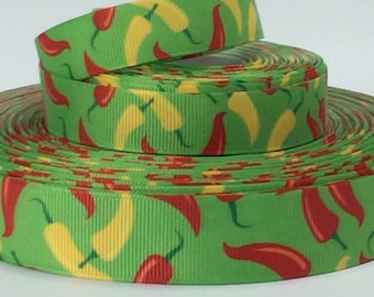 Chili Peppers on Green - 5/8&quot; and 7/8&quot; - Printed Grosgrain Ribbon - Gardening - Food Crafts - Dining Decor - Sewing