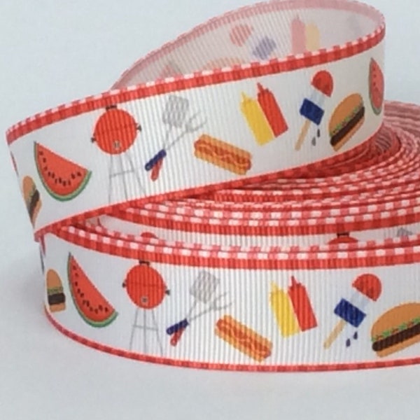 Summer BBQ - 7/8" - Printed Grosgrain Ribbon - Summer Recreation - Outdoor Family Fun - Hostess Gift - Sewing - Scrapbooking