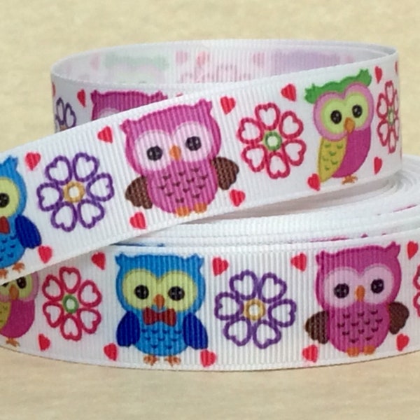 Owls & Flowers - 7/8" - Printed Grosgrain Ribbon - Children - School - Cute Animals - Scrapbooking - Sewing