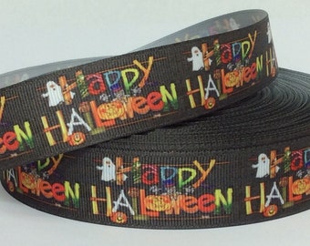 Happy Halloween on Brown - 1" - Printed Grosgrain Ribbon - Halloween Bows - Crafts - Decor - Floral - Giftwrap - Sewing - Wreaths