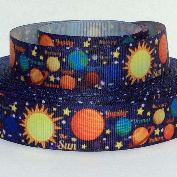 The Solar System - 7/8" - Printed Grosgrain Ribbon - Children - Outer Space - Planets - Arts & Crafts - Sewing