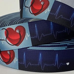Heart Doctor -  7/8&quot; - Printed Grosgrain Ribbon - EKG - Health - Heart Disease - Medical - Love - Sewing