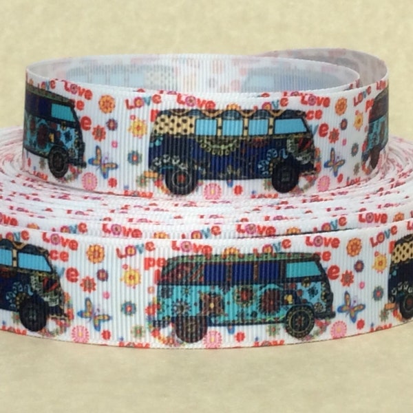 Hippie Vans, Side View - 7/8" - Printed Grosgrain Ribbon - Automobiles - Classic Cars - 1960s Decor - Bohemian Decor