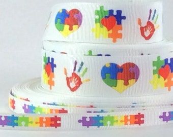 Autism Puzzle Pieces - 3/8" and 1" - Printed Grosgrain Ribbon