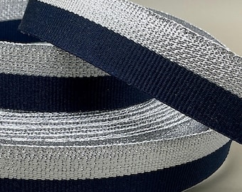 Navy & Silver Stripe - 3/4" - Woven Grosgrain Ribbon