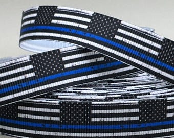 Distressed Thin Blue Line - 5/8&quot; - Printed Grosgrain Ribbon - Awareness for Law Enforcement, Police, Fallen Officers