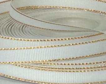 White with Gold Metallic Edging - 3/8" - Grosgrain Ribbon