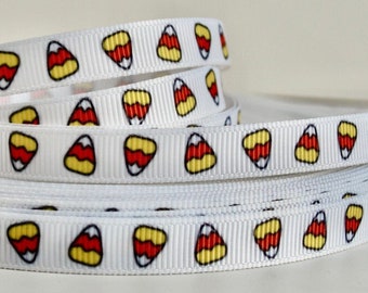 Little Candy Corn - 3/8" - White Printed Grosgrain Ribbon - Halloween Bows - Crafts - Decor - Floral - Giftwrap - Sewing - Wreaths