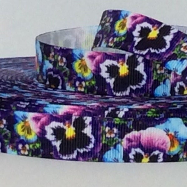 Bold Pansies - 5/8" and 1" - Printed Grosgrain Ribbon - Floral Crafts - Hair Bows - Collars & Leashes - Lanyards - Scrapbooking - Sewing