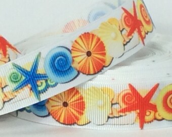 Bright Seashells - 7/8" - Printed Grosgrain Ribbon - Beach Decor - Ocean - Nautical - Summer Crafts