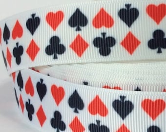 Card Suits on White - 7/8" - Printed Grosgrain Ribbon
