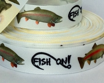 Fish On! - 7/8&quot; - Printed Grosgrain Ribbon - Outdoor Recreation - Fishing - Fishermen - Sports - Family Fun