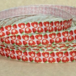 Tiny Strawberries - 3/8"  - Printed Grosgrain Ribbon - Summer Fruit - Fruit Stands - Gardening - Hair Bows - Scrapbooking