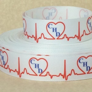 CHD Heartbeat - 1&quot; - Printed Grosgrain Ribbon - Congenital Heart Disease Awareness - Birth Defects - EKG