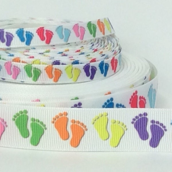 Colorful Footprints - 3/8" and 7/8" - Printed Grosgrain Ribbon - Children - Fun Graphics - Collars, Leashes - Sewing