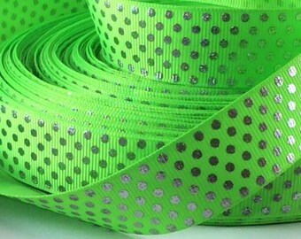 Silver Dots on Lime Green - 7/8" - Printed Grosgrain Ribbon