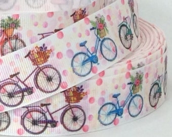 Bikes with Flower Baskets - 1" - Printed Grosgrain Ribbon