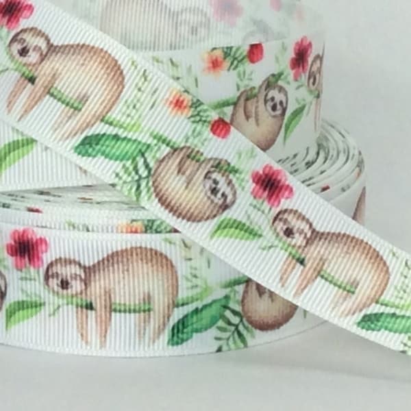 Happy Sloth - 1" - Printed Grosgrain Ribbon - Rainforest Animals - Cute Animal Crafts - Jungle Decor - Hair Bows - Sewing - Scrapbooking