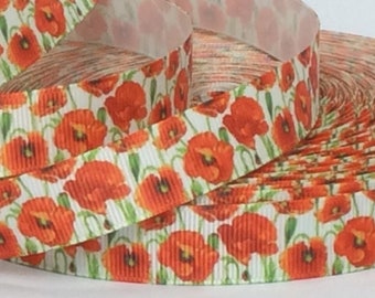 Oriental Poppies  - 5/8" - Printed Grosgrain Ribbon - Floral Crafts - Hair Bows - Collars & Leashes - Lanyards  - Sewing