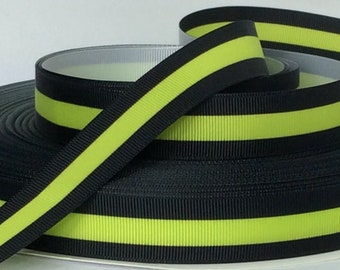 Neon Yellow Stripe on Black - 7/8&quot; - Printed Grosgrain Ribbon - Safety - Public Safety Dispatcher Awareness - Dog Collars - Leashes - Sewing