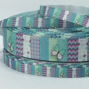 Geometric Teal Butterfly - 3/8&quot; and 7/8&quot; - Printed Grosgrain Ribbon - Floral Crafts - Hair Bows - Collars & Leashes - Sewing - Scrapbooking