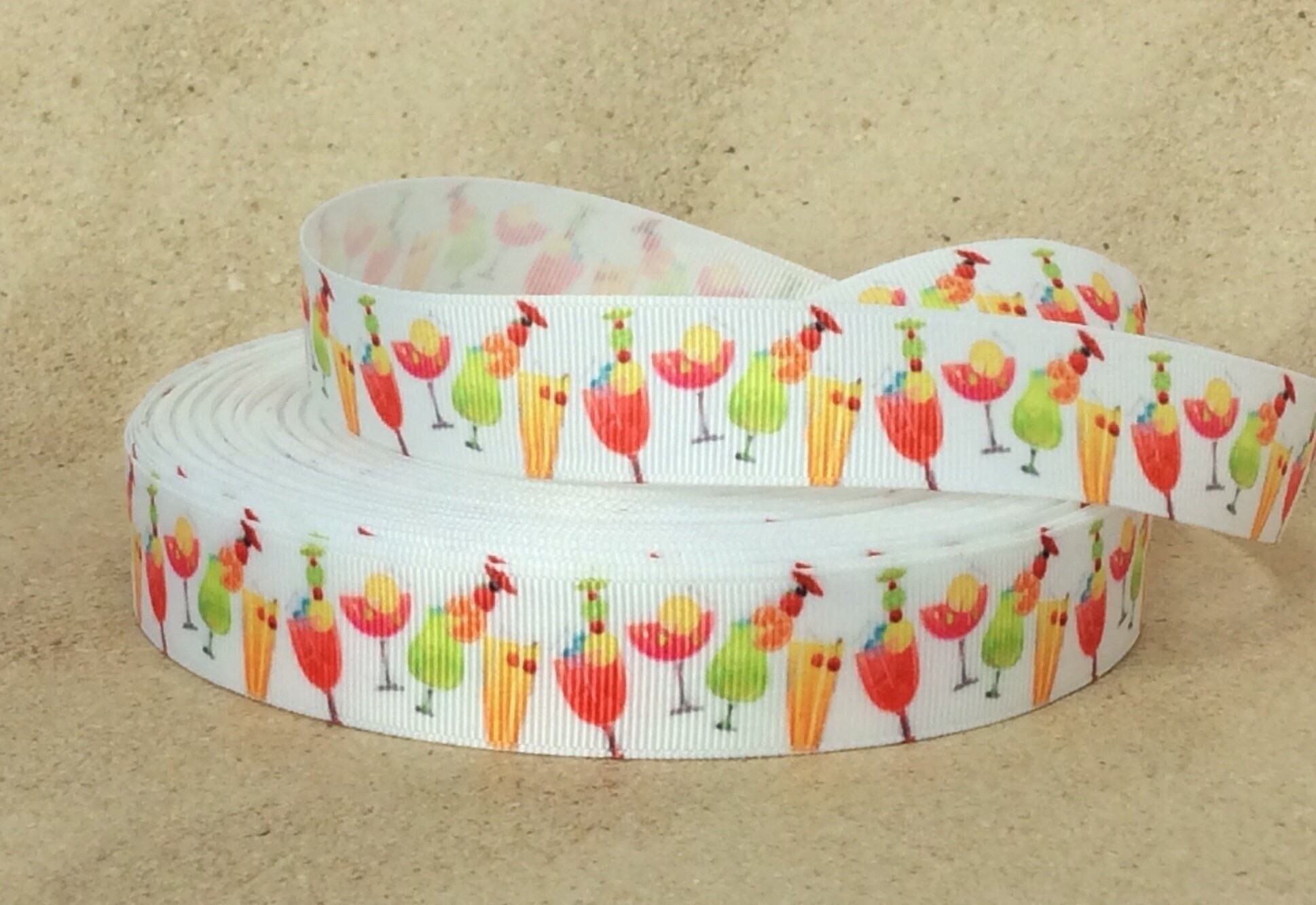 Fruity Drinks on White - 7/8" - Printed Grosgrain Ribbon - Beverages - Food Crafts - Dining Decor