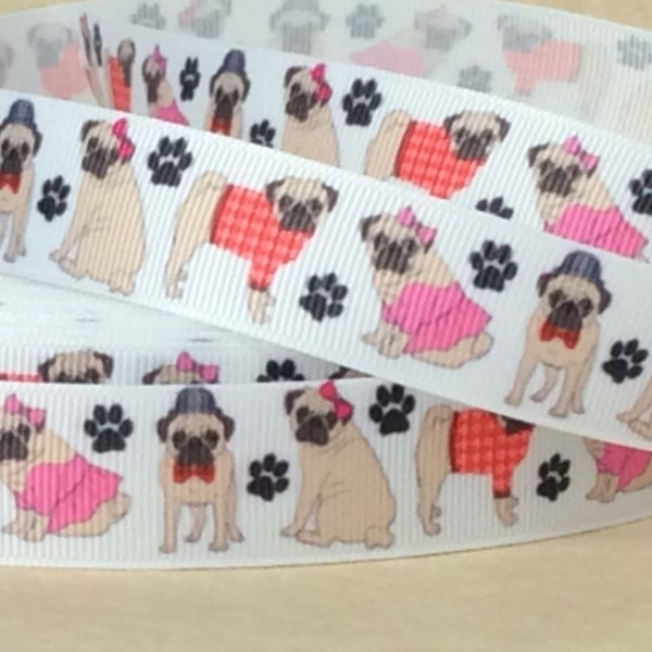 Pug Boys & Girls - 7/8" - Printed Grosgrain Ribbon - Dog Collars - Canine Crafts - Lanyards - Leashes - Sewing