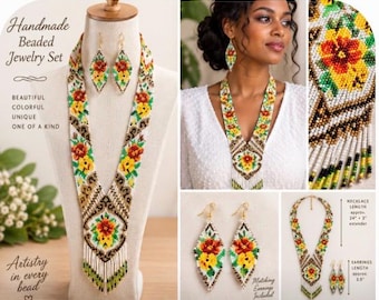 Beaded Statement Necklace and Earrings Set, Handmade Floral Jewelry, Colorful Seed Bead Necklace, Artisan Jewelry Gift for Her