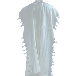May include: White prayer shawl with fringe, also known as a tallit, with white stripes.