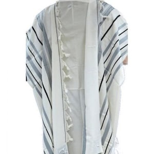 May include: White prayer shawl with black and gray stripes and white fringes.