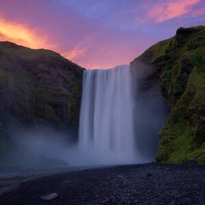 Midnight Sun behind the massive Icelandic Waterfall | Iceland photography | waterfall wall art