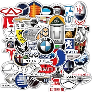 May include: A selection of car brand logos in diverse shapes and colours. Logos include BMW, Ford, Chevrolet, Maserati, and others. The stickers are arranged closely together, creating a collage effect.