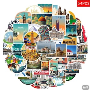 May include: A collection of 54 colourful stickers featuring various global landmarks, cities, and cultural icons. The assortment includes illustrations of the Hagia Sophia, Dubai, Maldives, Stonehenge, and the Colosseum, with text labels for each location.