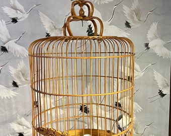 Vintage Bamboo and Rattan Bird Cage with Porcelain Water Cups