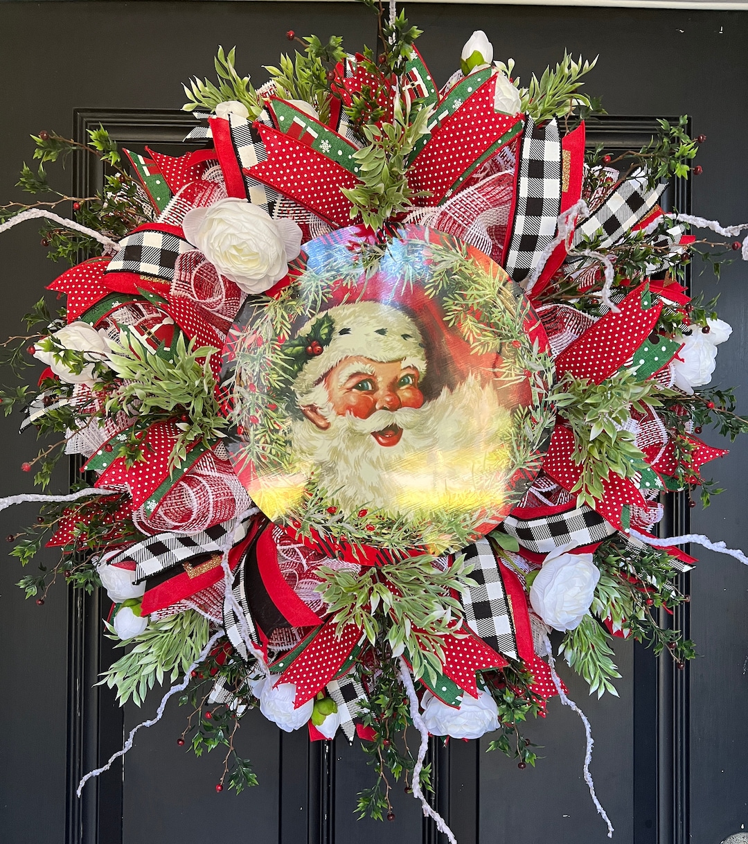 Vintage Santa Wreath, Christmas Deco Mesh Wreath, Christmas Santa ...